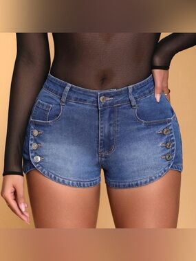 Mid Rise Jean Shorts with Sailor Style Buttons on Pockets/Side